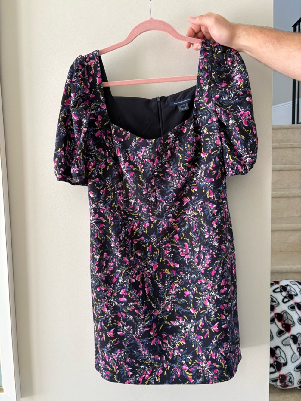 French Connection Black Floral Puff-Sleeve Dress